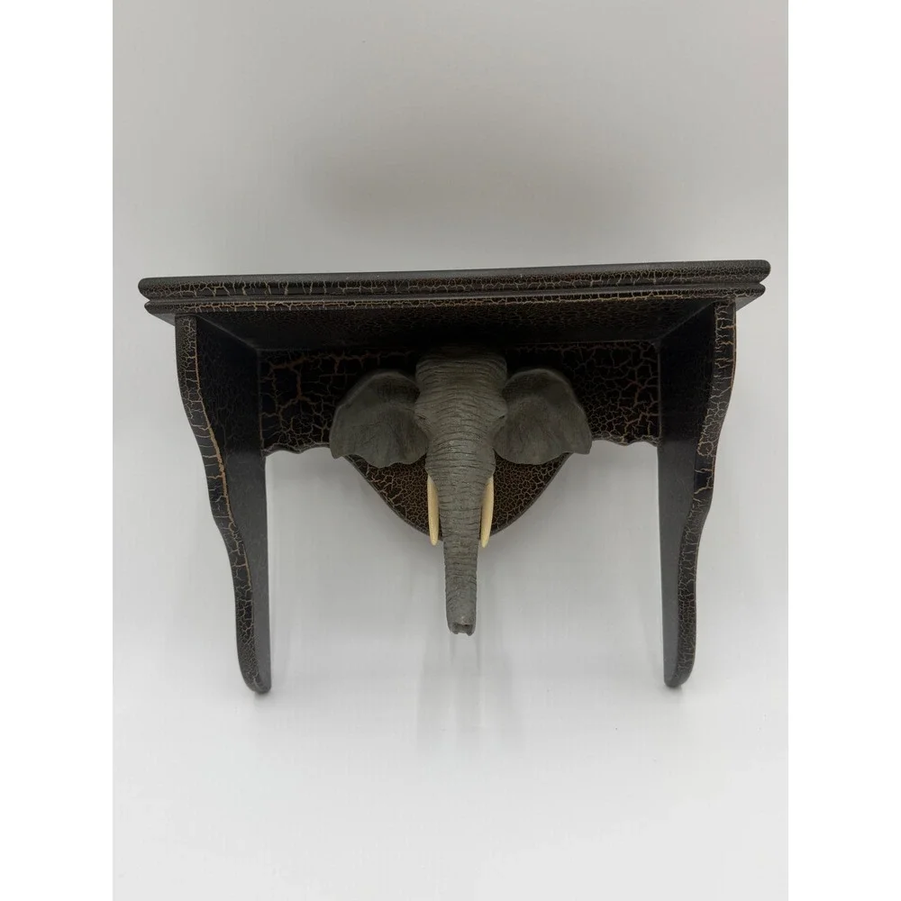 Vintage Elephant Head Wall Shelf Black Gold Crackle Safari Decor Floating Shelf